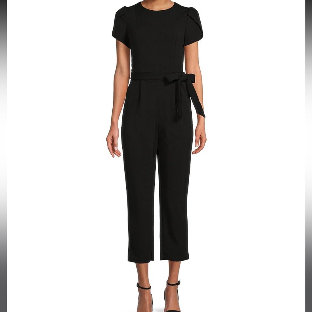Short Sleeve Crew Neck Tie Waist Scuba Crepe Jumpsuit